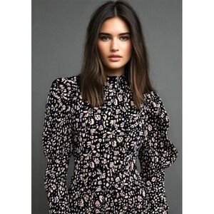 NWT AX Paris Midi Floral Dress Long Sleeve Puff Shoulder Black Size Medium 8